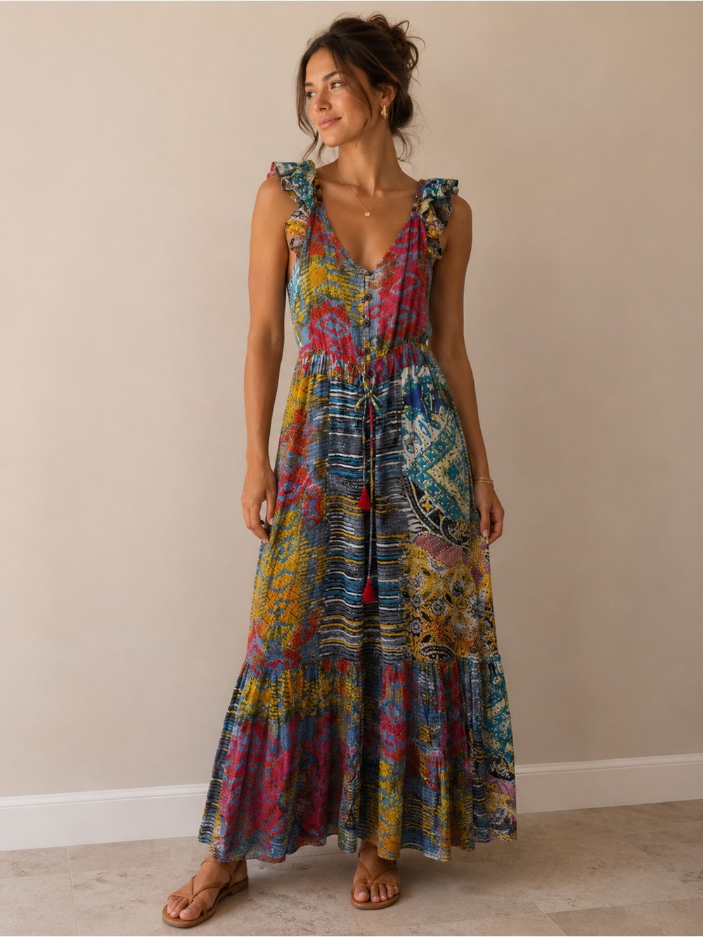 RAGA Multicolor Patchwork Ruffle Strap Maxi Dress